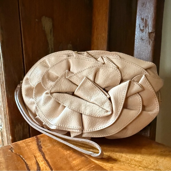 Handbags - Vintage Yves Saint Laurent Nude Leather Ruffle Clutch Wristlet Bag